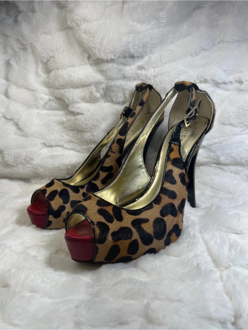 Guess Leopard Print Peep-Toe Slingback Heels with Red Toe